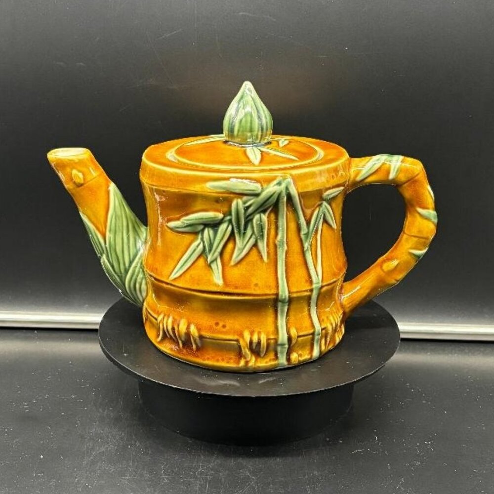 Vintage 1970's Asian Pottery 3D Bamboo Teapot with Lid